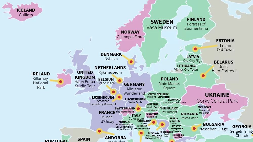 qual a atração mais visitada de cada país? mapa-múndi do