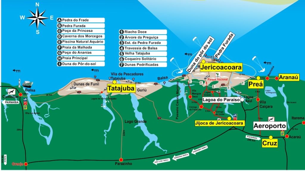 Mapa de turismo de Jericoacoara, com a localização das praias e melhores lugares para hospedagem indicados no texto.
