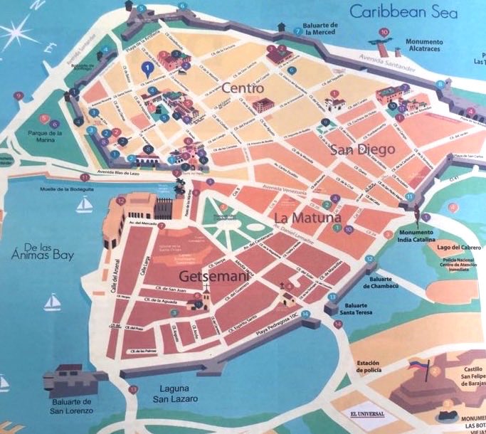 Mapa da cidade amuralhada de Cartagena – Bairros centrais