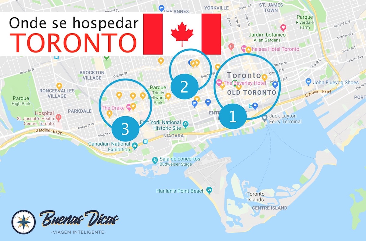 Mapa de Toronto, com melhores bairros onde ficar em viagem a turismo.