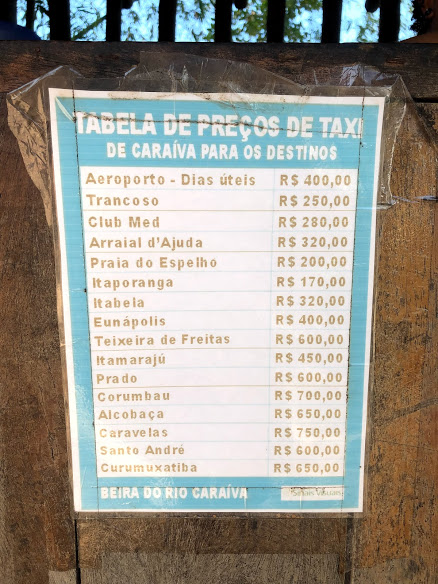Preços de táxi de Caraíva para Porto Seguro, Trancoso, Praia do Espelho e mais