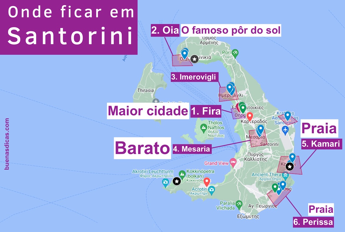 Mapa com os principais bairros e cidades de Santorini, indicando qual é melhor para se hospedar e com dicas de hotéis.